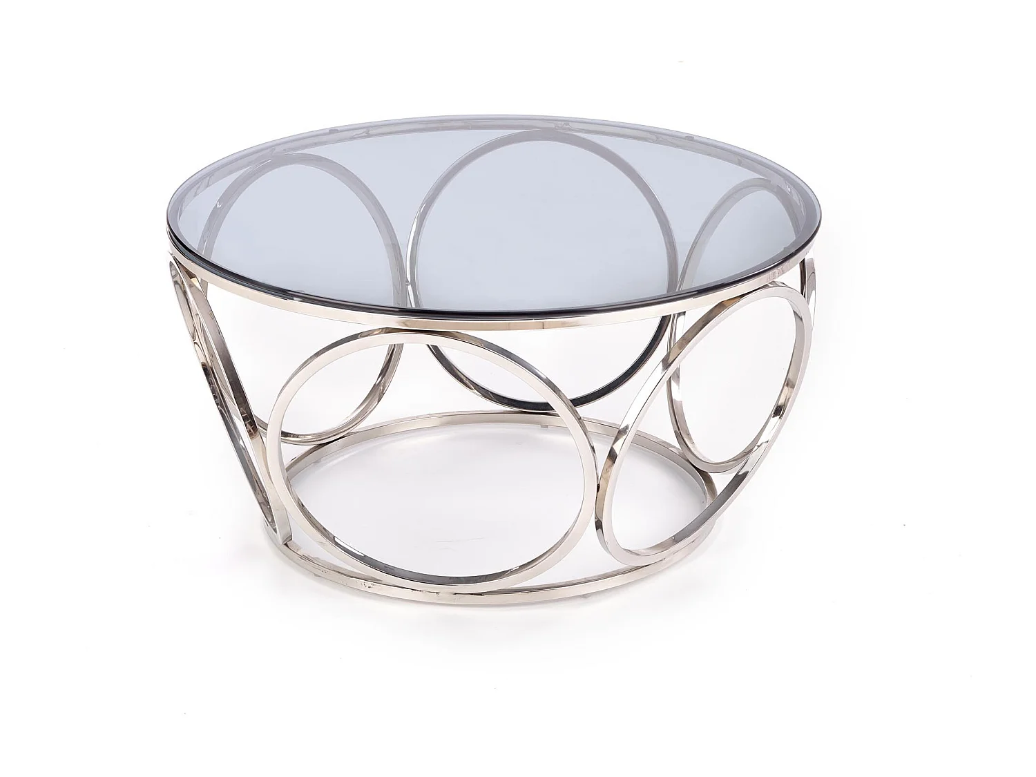 Tavolino di design con base in acciaio cromato e piano rotondo in vetro fumé da 80 cm Mostra