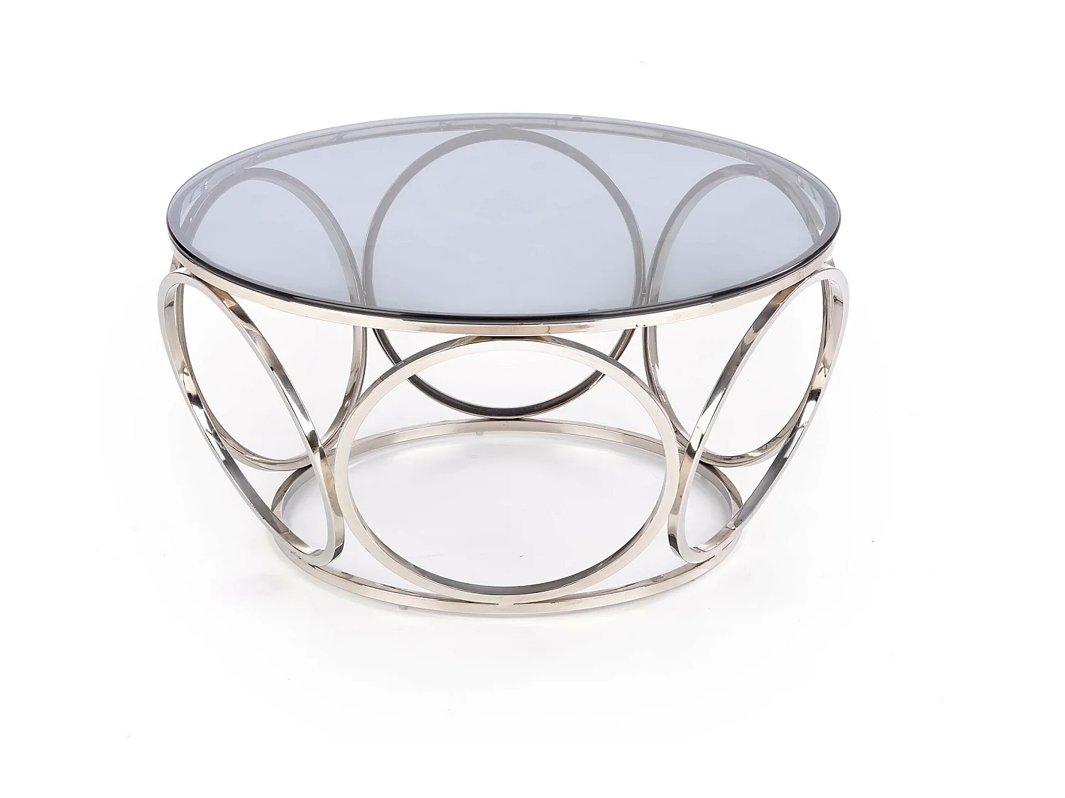 Tavolino di design con base in acciaio cromato e piano rotondo in vetro fumé da 80 cm Mostra