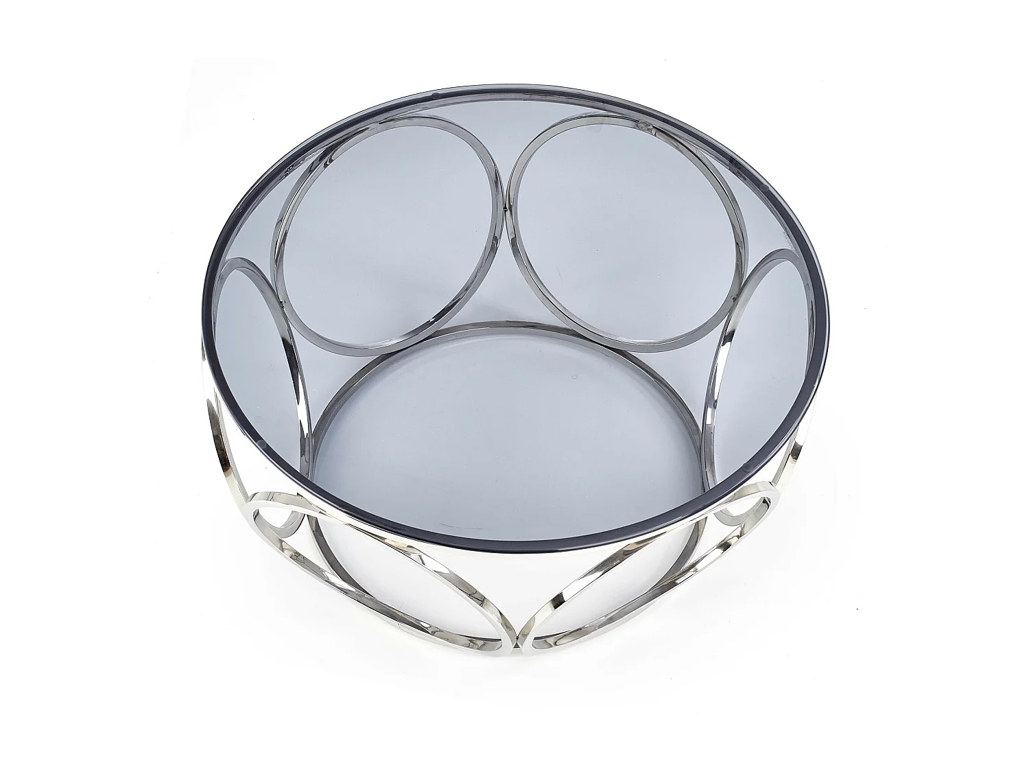 Tavolino di design con base in acciaio cromato e piano rotondo in vetro fumé da 80 cm Mostra