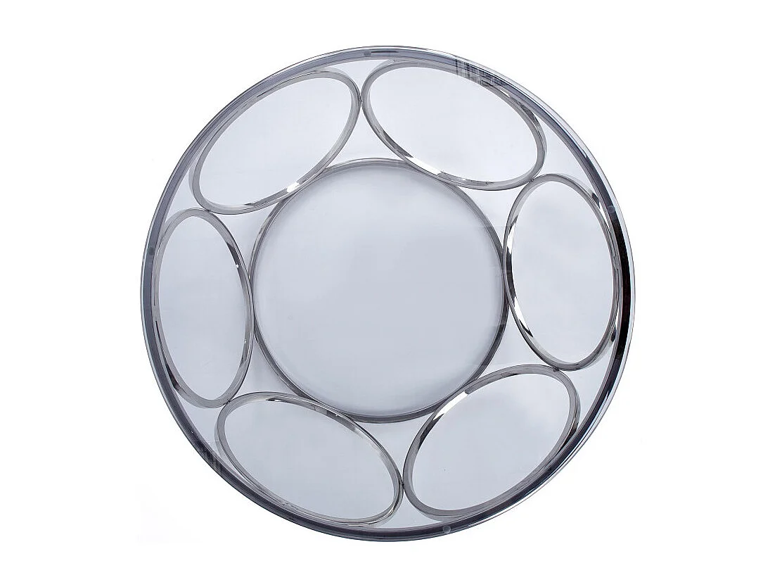 Tavolino di design con base in acciaio cromato e piano rotondo in vetro fumé da 80 cm Mostra