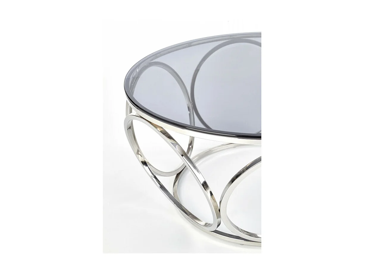 Tavolino di design con base in acciaio cromato e piano rotondo in vetro fumé da 80 cm Mostra