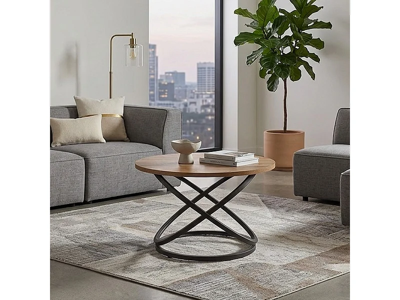 Table basse ronde 60 cm plateau aspect chêne et structure métal noir Uma