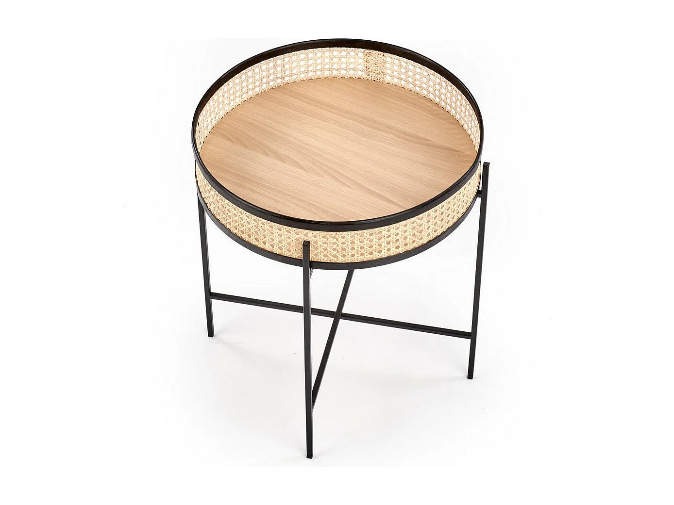 Tavolo con piedistallo Azurea in rattan naturale e acciaio laccato nero