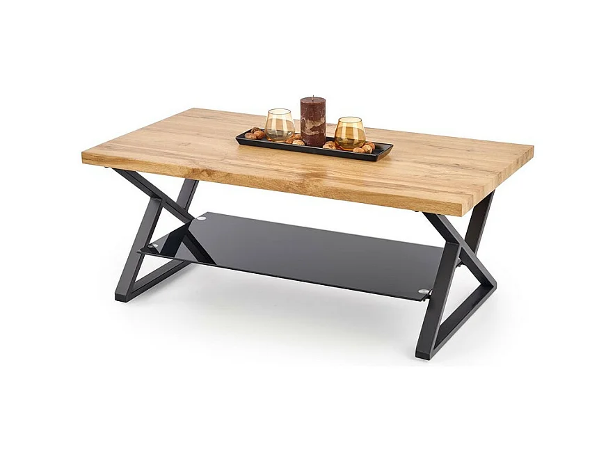 Table basse rectangulaire avec pieds design en acier noir étagère en verre et plateau aspect chêne naturel Hulla