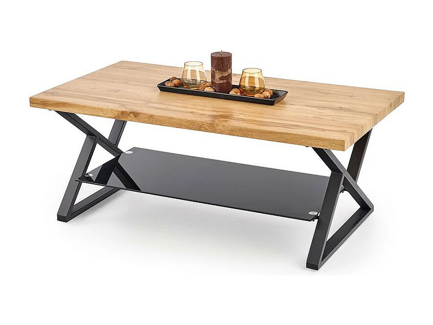 Table basse rectangulaire avec pieds design en acier noir étagère en verre et plateau aspect chêne naturel Hulla