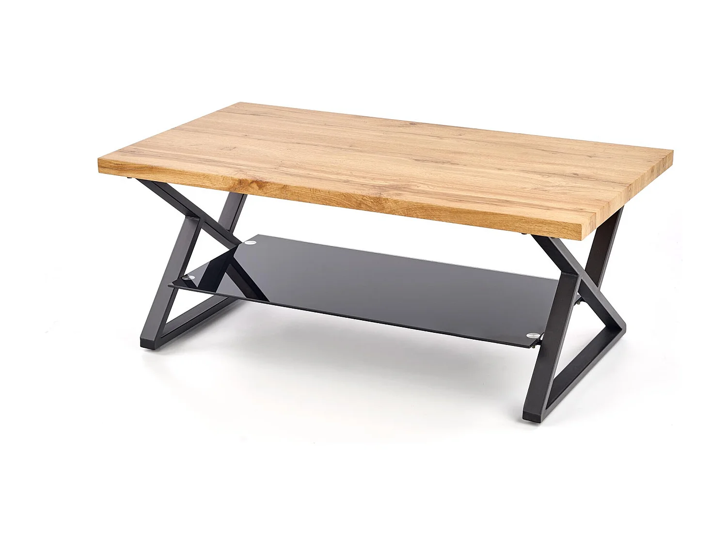 Table basse rectangulaire avec pieds design en acier noir étagère en verre et plateau aspect chêne naturel Hulla