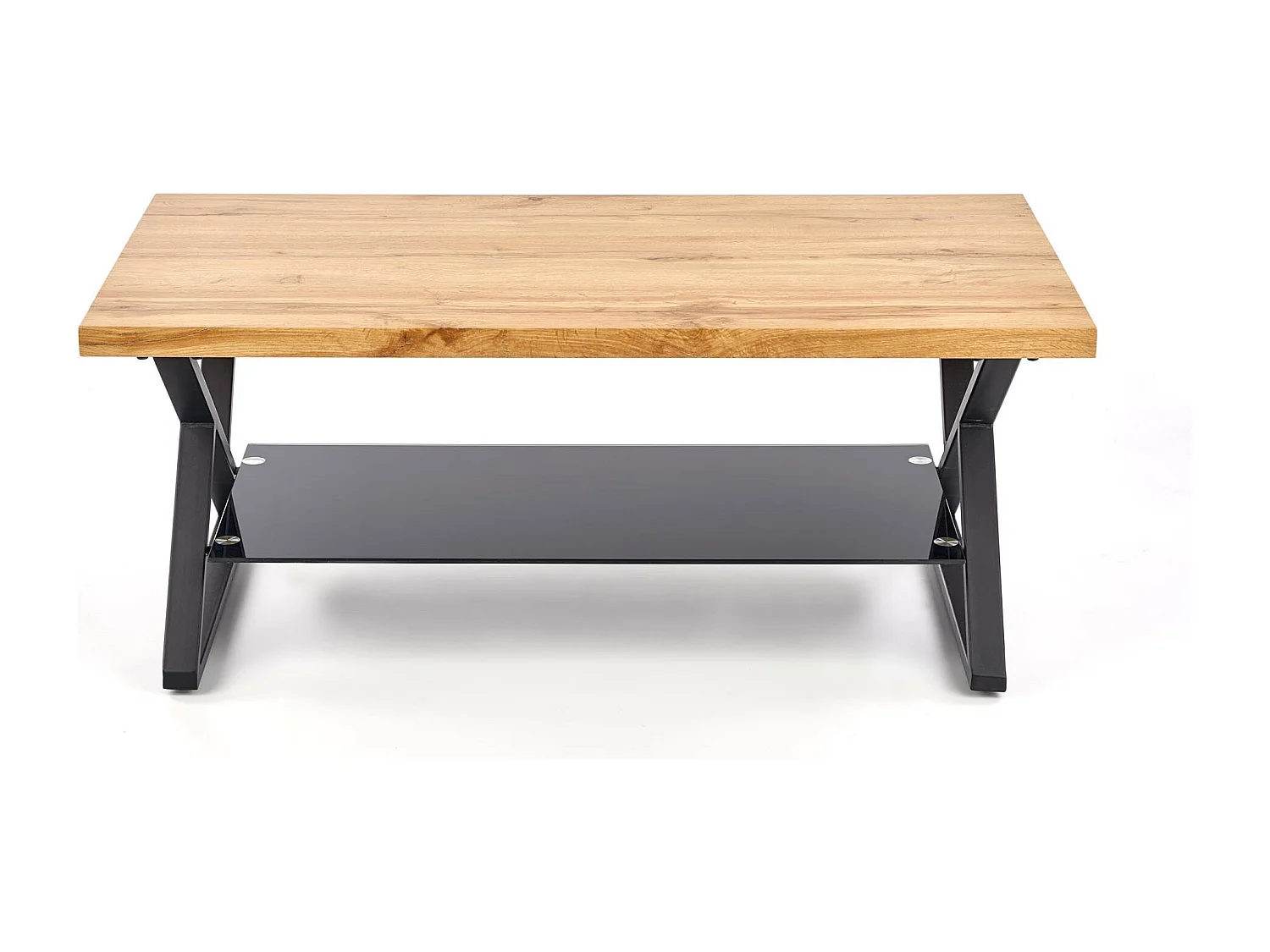 Table basse rectangulaire avec pieds design en acier noir étagère en verre et plateau aspect chêne naturel Hulla