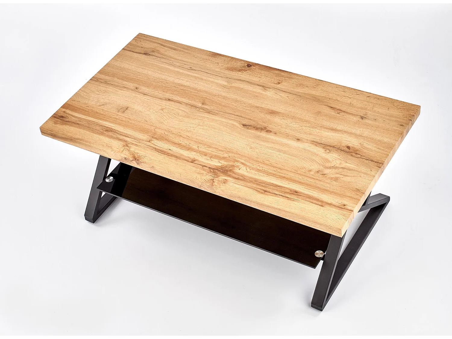 Table basse rectangulaire avec pieds design en acier noir étagère en verre et plateau aspect chêne naturel Hulla