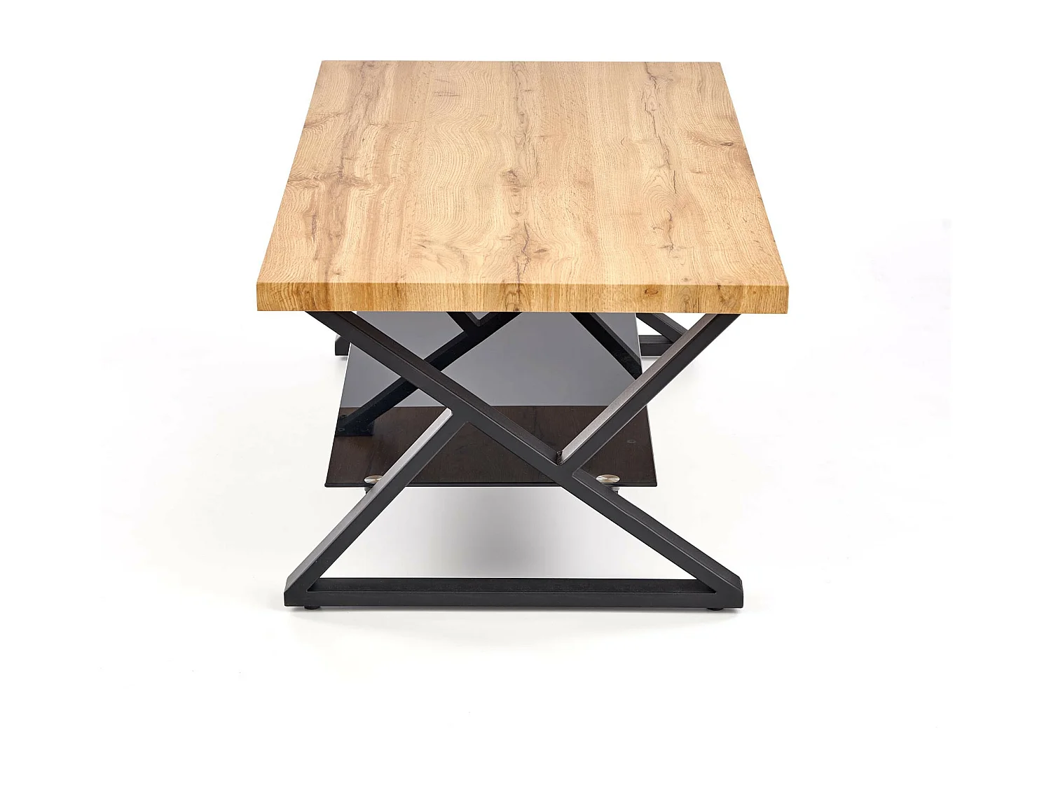 Table basse rectangulaire avec pieds design en acier noir étagère en verre et plateau aspect chêne naturel Hulla