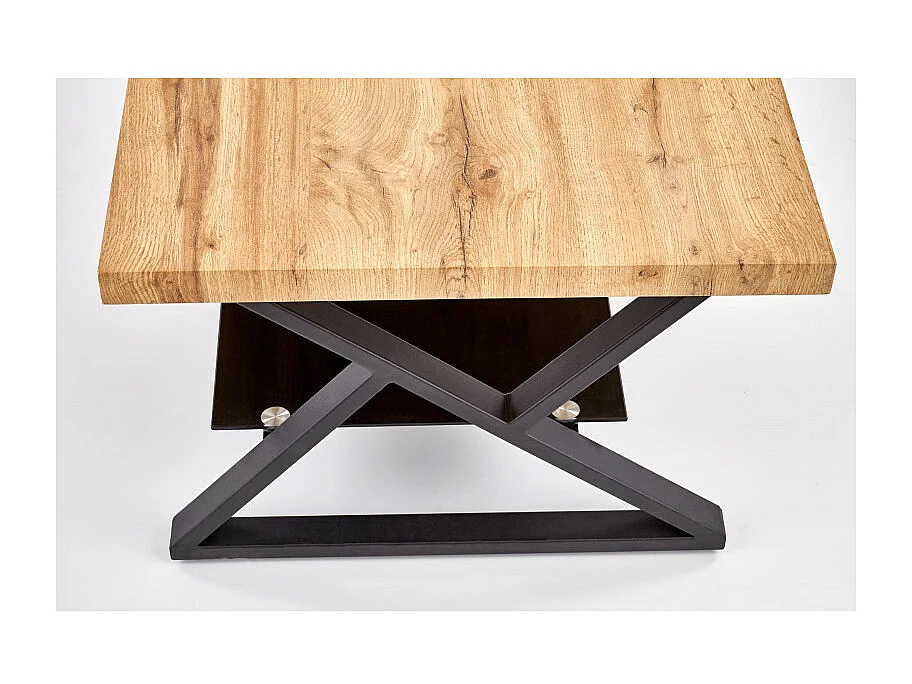Table basse rectangulaire avec pieds design en acier noir étagère en verre et plateau aspect chêne naturel Hulla