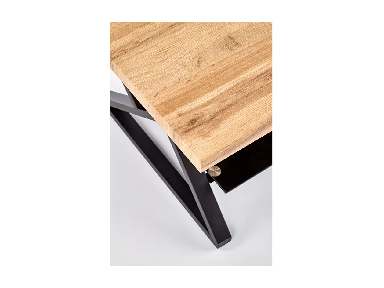 Table basse rectangulaire avec pieds design en acier noir étagère en verre et plateau aspect chêne naturel Hulla