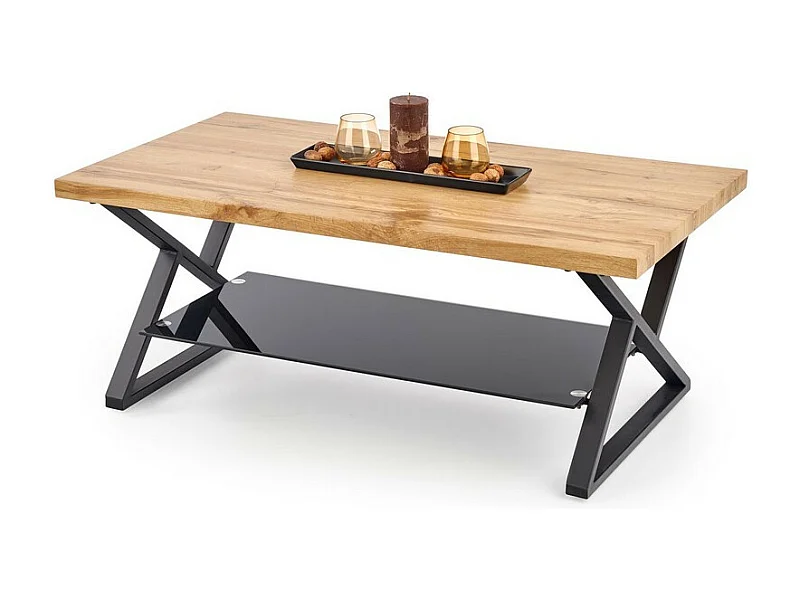 Table basse rectangulaire avec pieds design en acier noir étagère en verre et plateau aspect chêne naturel Hulla