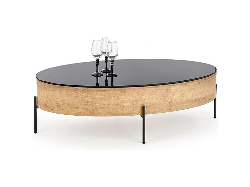 Table basse ovale avec plateau pivotant 120x60cm aspect chêne doré et verre noir Elios
