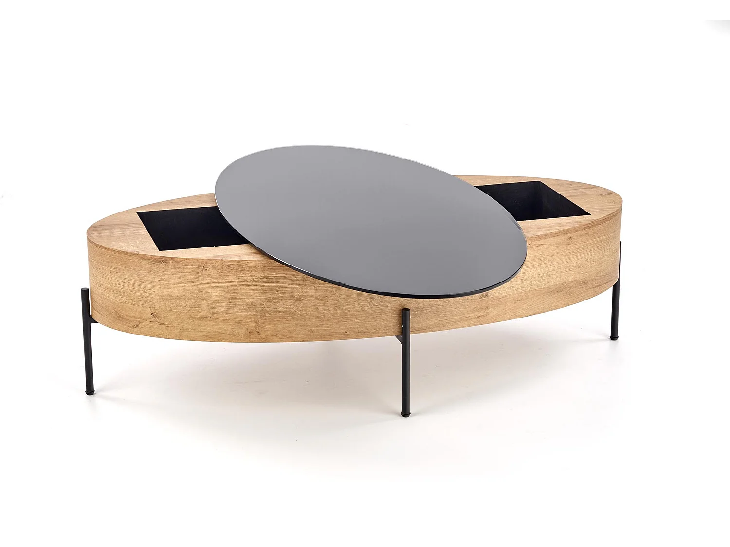 Mesa de centro ovalada con tablero giratorio 120x60cm en roble dorado y cristal negro Elios