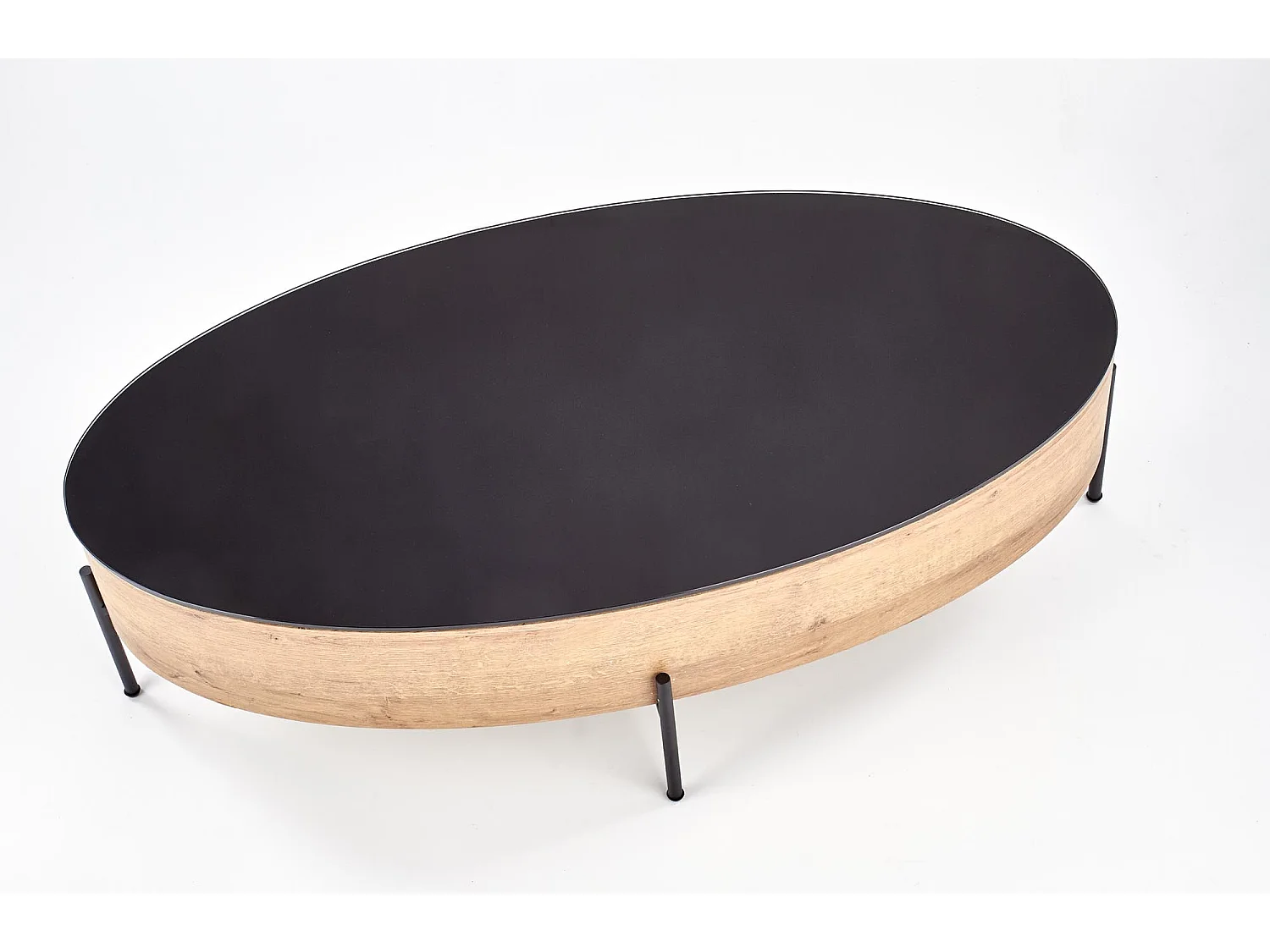 Mesa de centro ovalada con tablero giratorio 120x60cm en roble dorado y cristal negro Elios