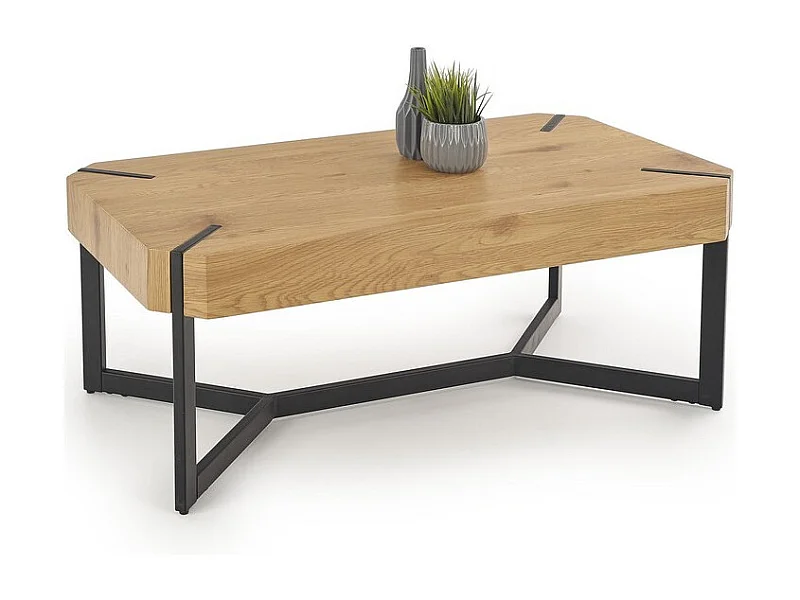Table basse design plateau style chêne et pieds en acier noir Brest