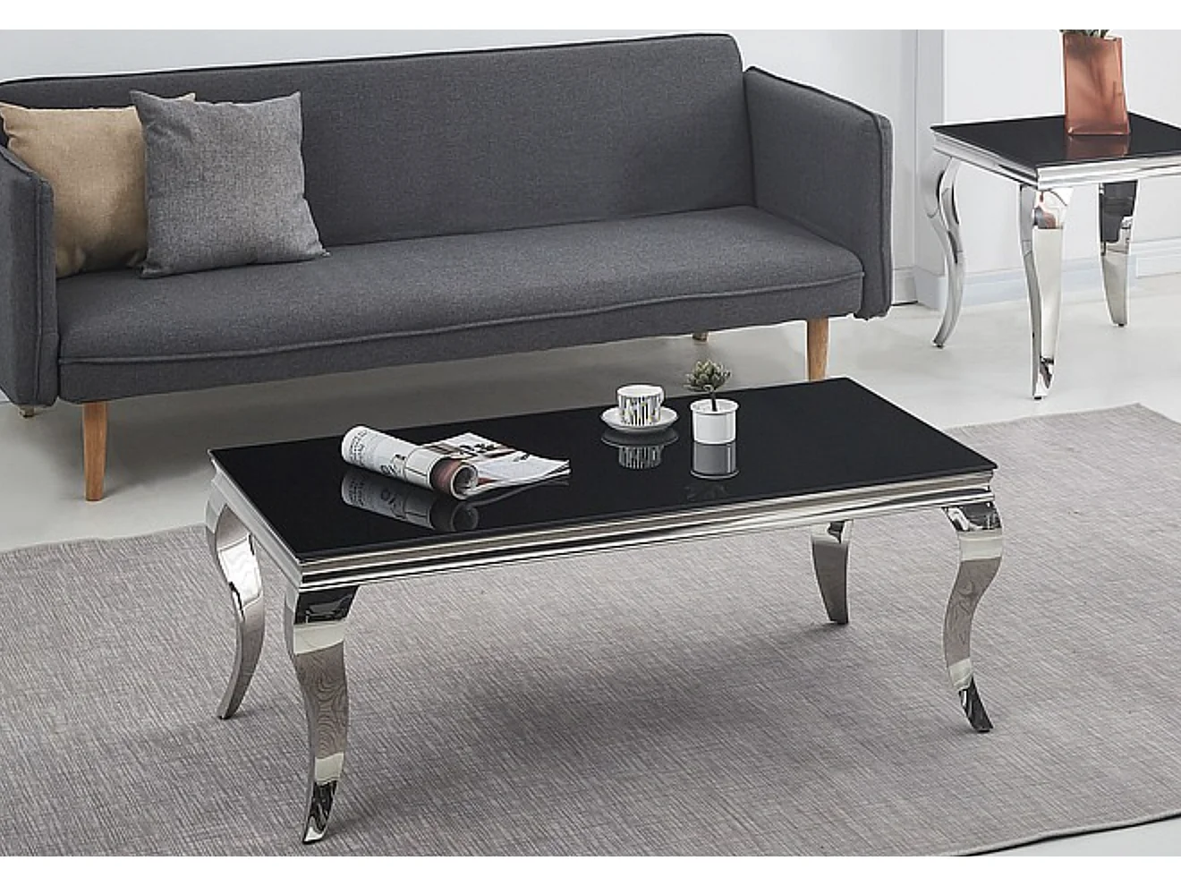 Table basse baroque métal & verre trempé noir 120cm Bolti