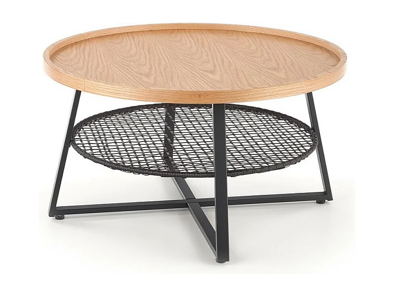 Table basse ronde 80cm plateau aspect chêne naturel et étagère en rotin synthétique noir WODAN