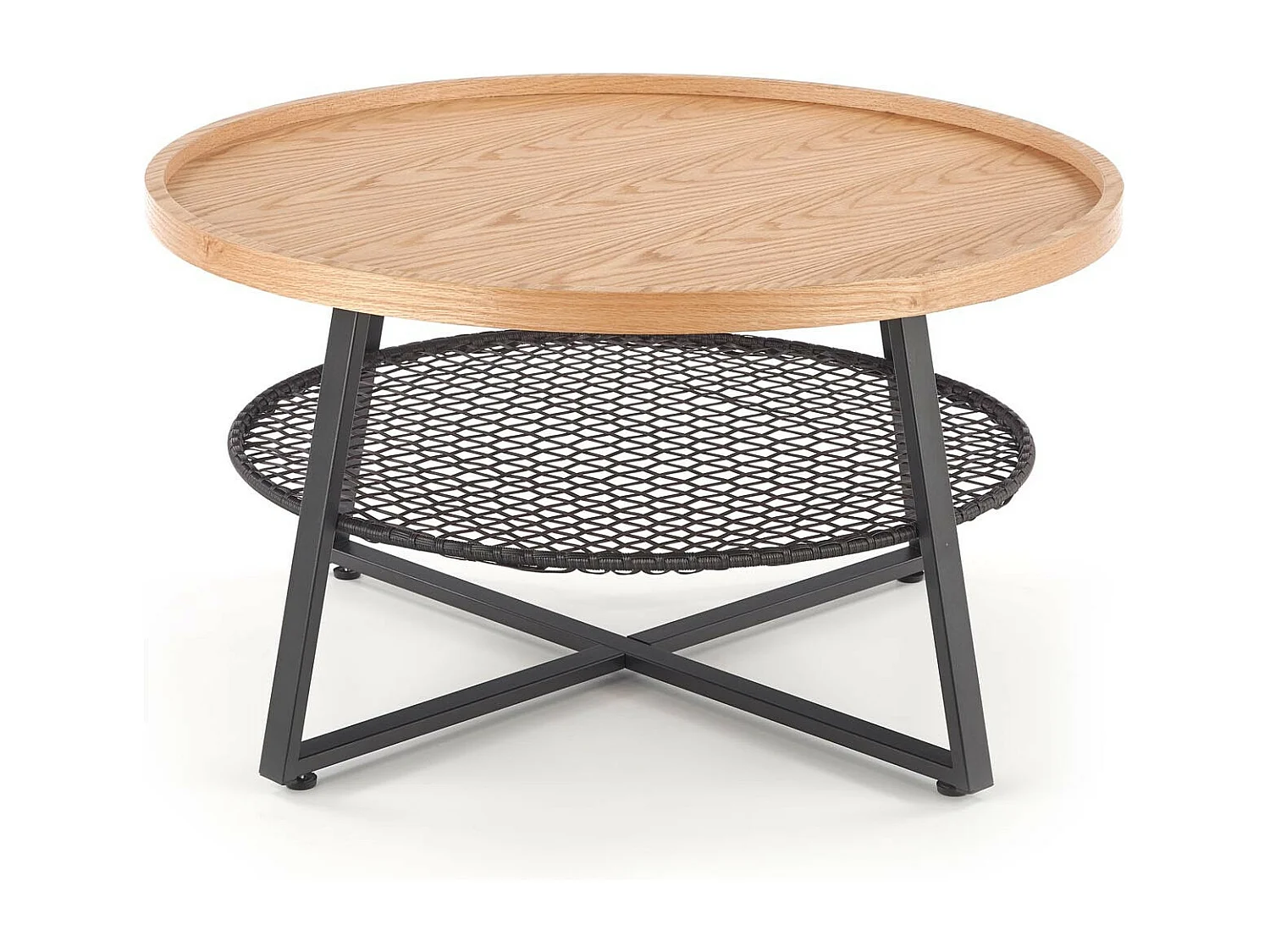 Mesa de centro redonda de 80 cm con tablero de aspecto roble natural y estante de ratán sintético negro WODAN