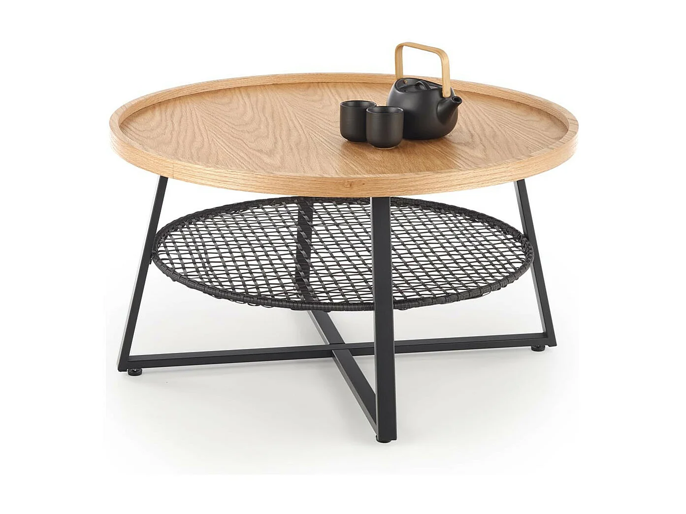 Mesa de centro redonda de 80 cm con tablero de aspecto roble natural y estante de ratán sintético negro WODAN