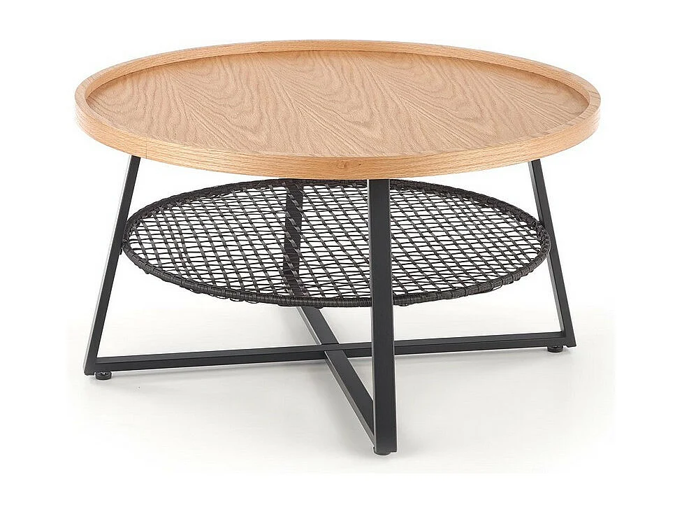 Table basse ronde 80cm plateau aspect chêne naturel et étagère en rotin synthétique noir WODAN