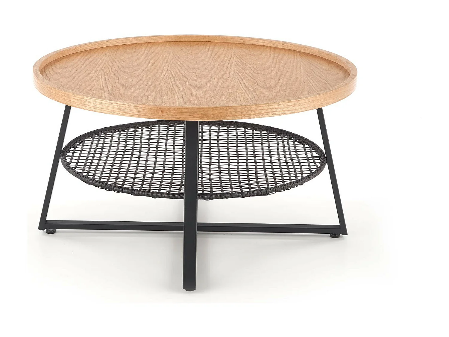 Table basse ronde 80cm plateau aspect chêne naturel et étagère en rotin synthétique noir WODAN