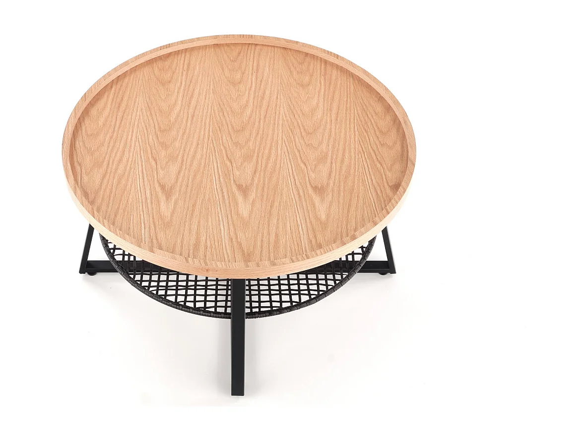 Table basse ronde 80cm plateau aspect chêne naturel et étagère en rotin synthétique noir WODAN