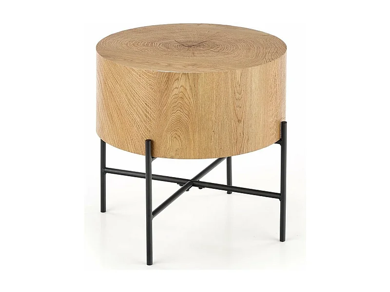 Table basse ronde 45 cm aspect chêne naturel avec structure noire en métal TINIA