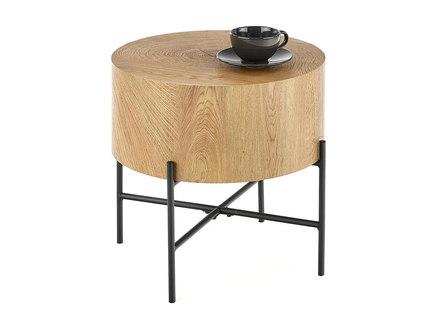 Tavolino rotondo da 45 cm in rovere naturale con struttura in metallo nero TINIA