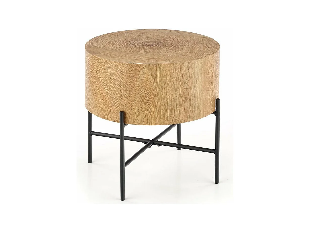 Table basse ronde 45 cm aspect chêne naturel avec structure noire en métal TINIA
