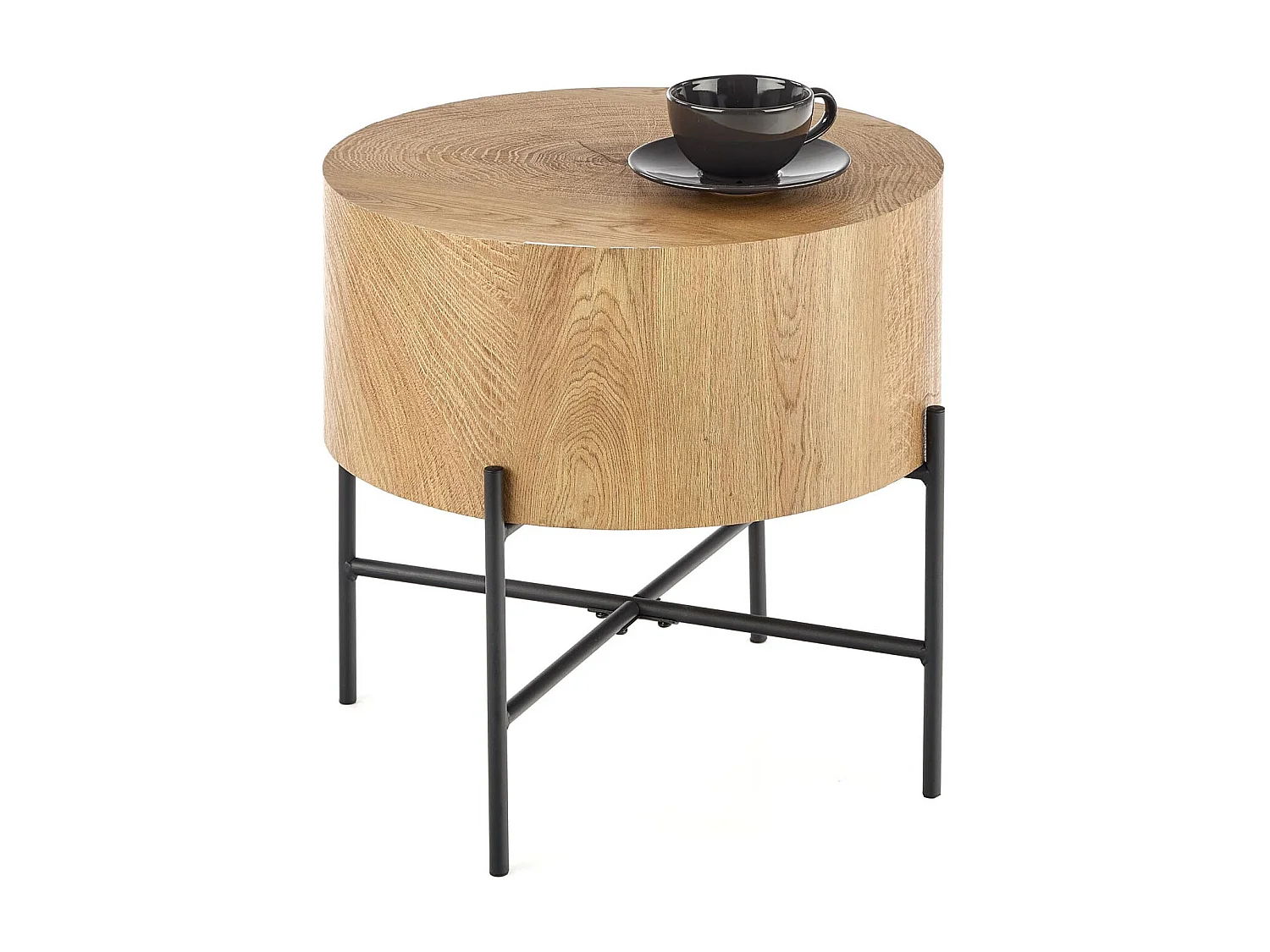 Tavolino rotondo da 45 cm in rovere naturale con struttura in metallo nero TINIA