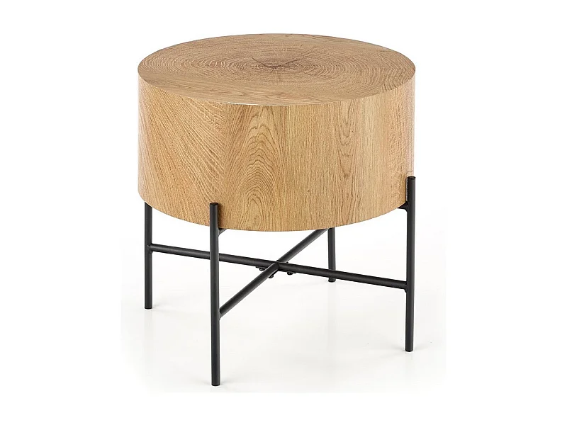 Table basse ronde 45 cm aspect chêne naturel avec structure noire en métal TINIA