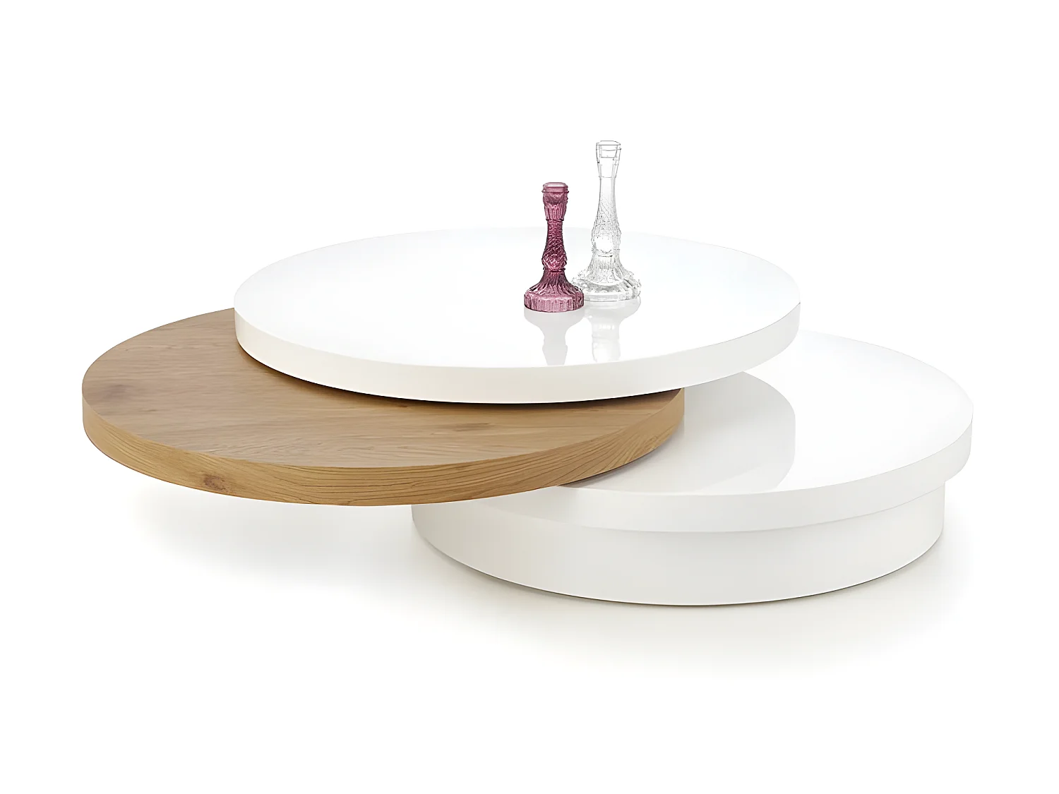Mesa de centro redonda de 80 cm en lacado blanco y madera dorada CHELLE