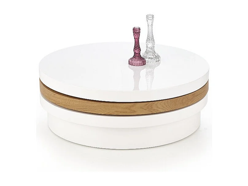 Table basse ronde 80 cm laquée blanche et bois golden CHELLE