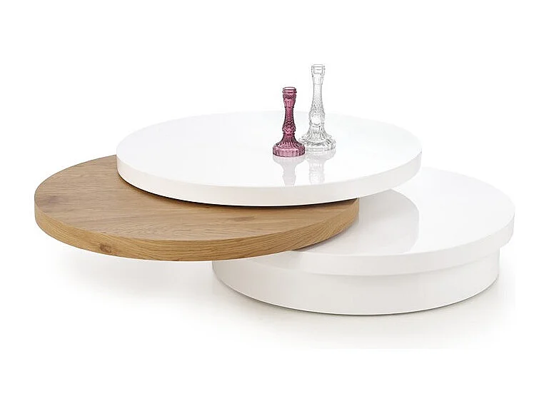 Table basse ronde 80 cm laquée blanche et bois golden CHELLE