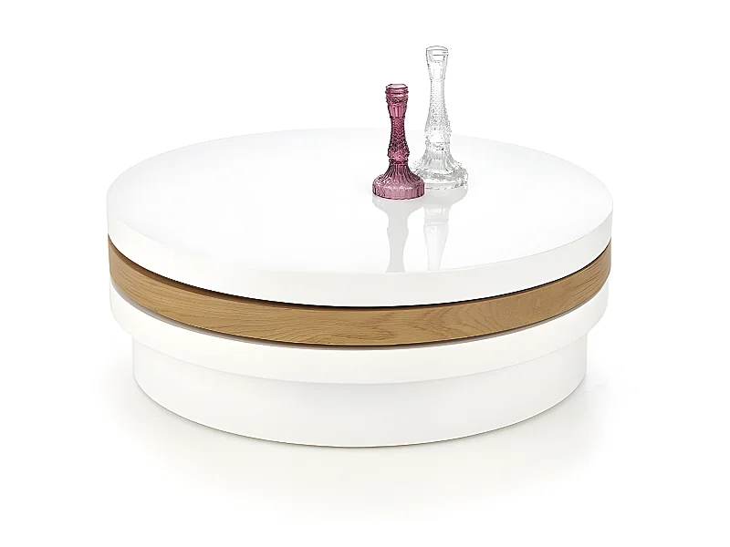 Table basse ronde 80 cm laquée blanche et bois golden CHELLE