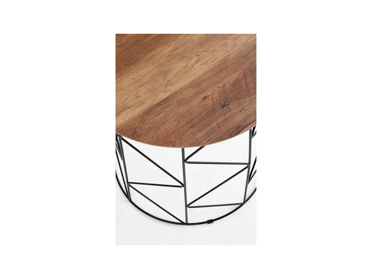 Tavolino rotondo da 50 cm con piano in stile noce e struttura in acciaio nero di design Sarah