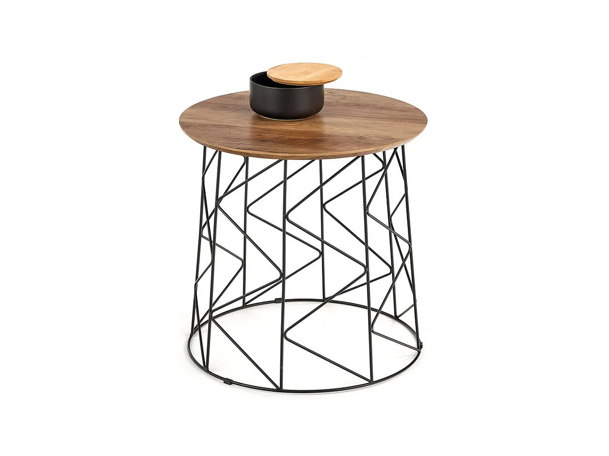 Table basse ronde 50cm avec plateau style noyer et structure design en acier noir Sarah