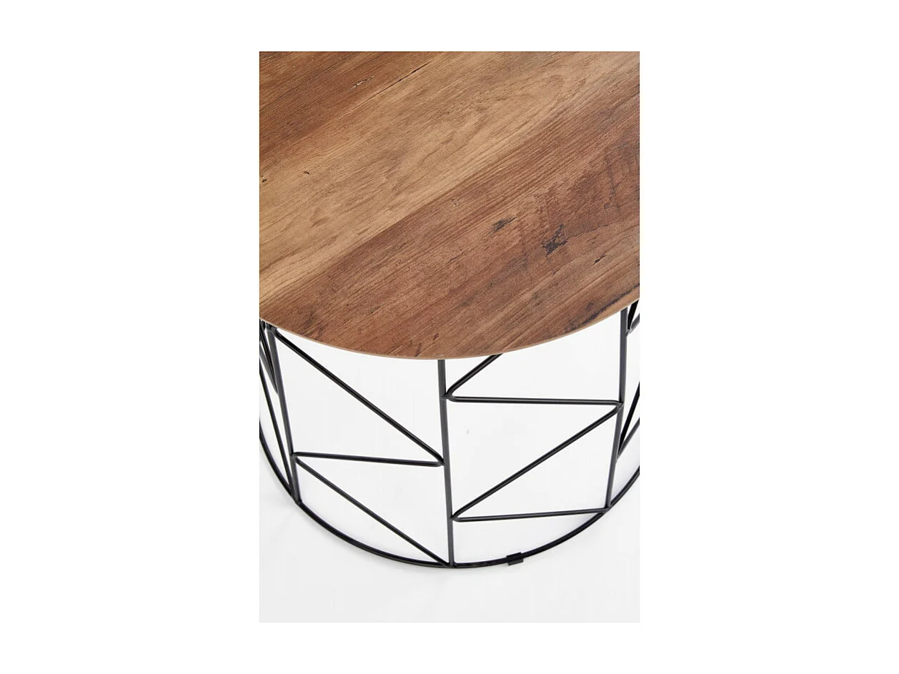 Mesa de centro redonda de 50 cm con tablero estilo nogal y estructura de acero negro de diseño Sarah