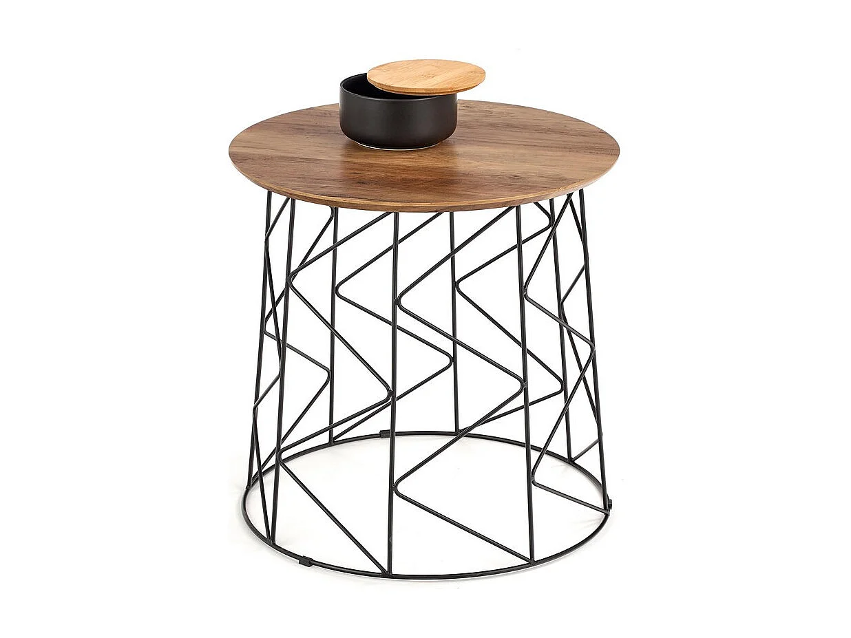 Mesa de centro redonda de 50 cm con tablero estilo nogal y estructura de acero negro de diseño Sarah