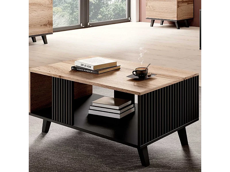 Table basse contemporaine aspect chêne wotan avec finitions noires PUMP