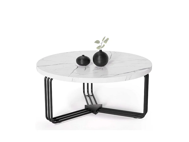 Table basse ronde avec plateau aspect marbre blanc ARUM
