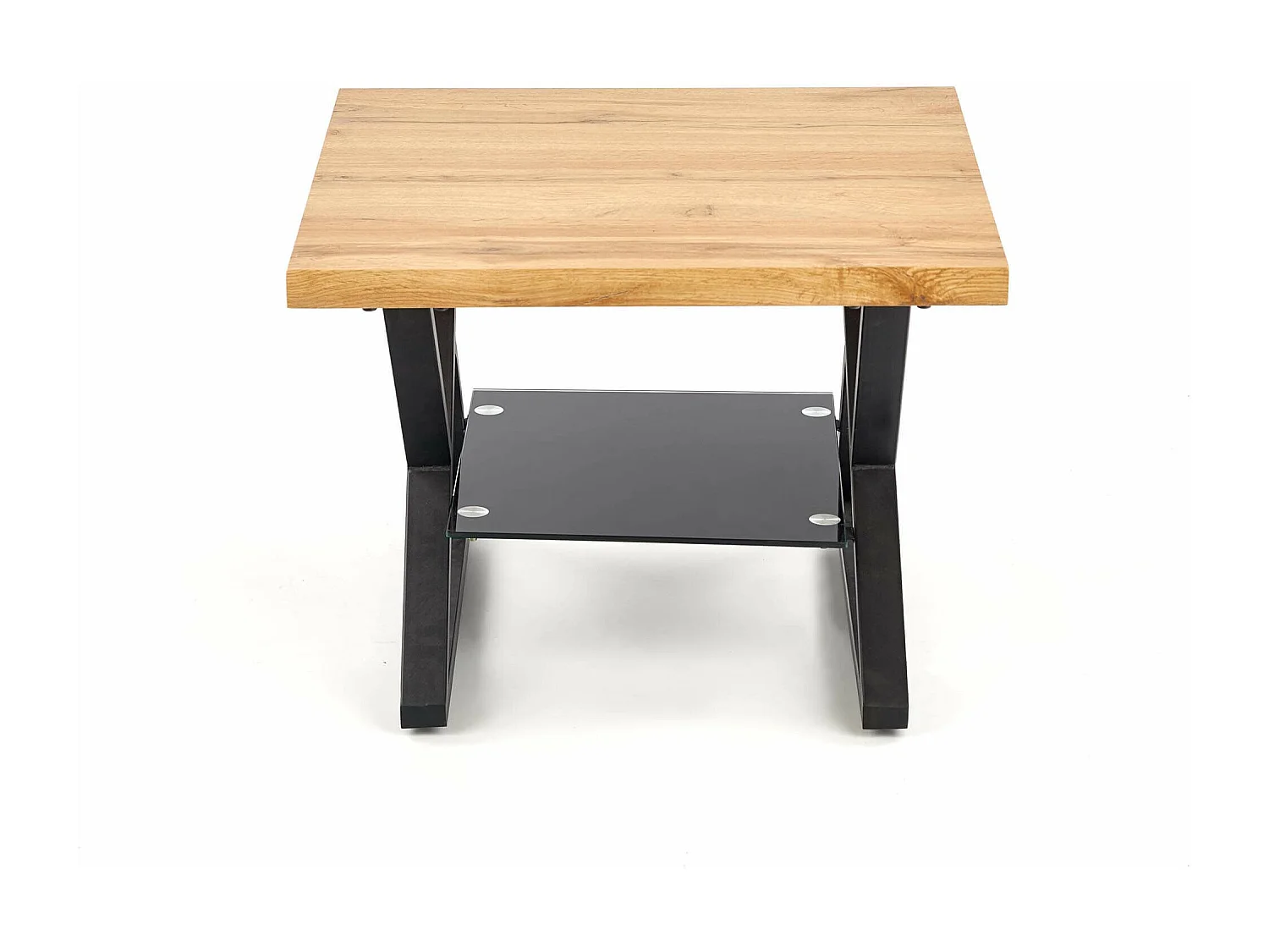 Table basse carrée avec pieds acier noir plateau aspect chêne et étagère en verre Hulla