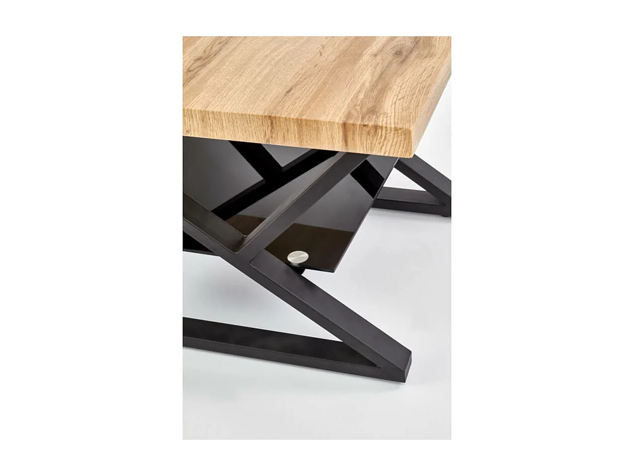 Table basse carrée avec pieds acier noir plateau aspect chêne et étagère en verre Hulla