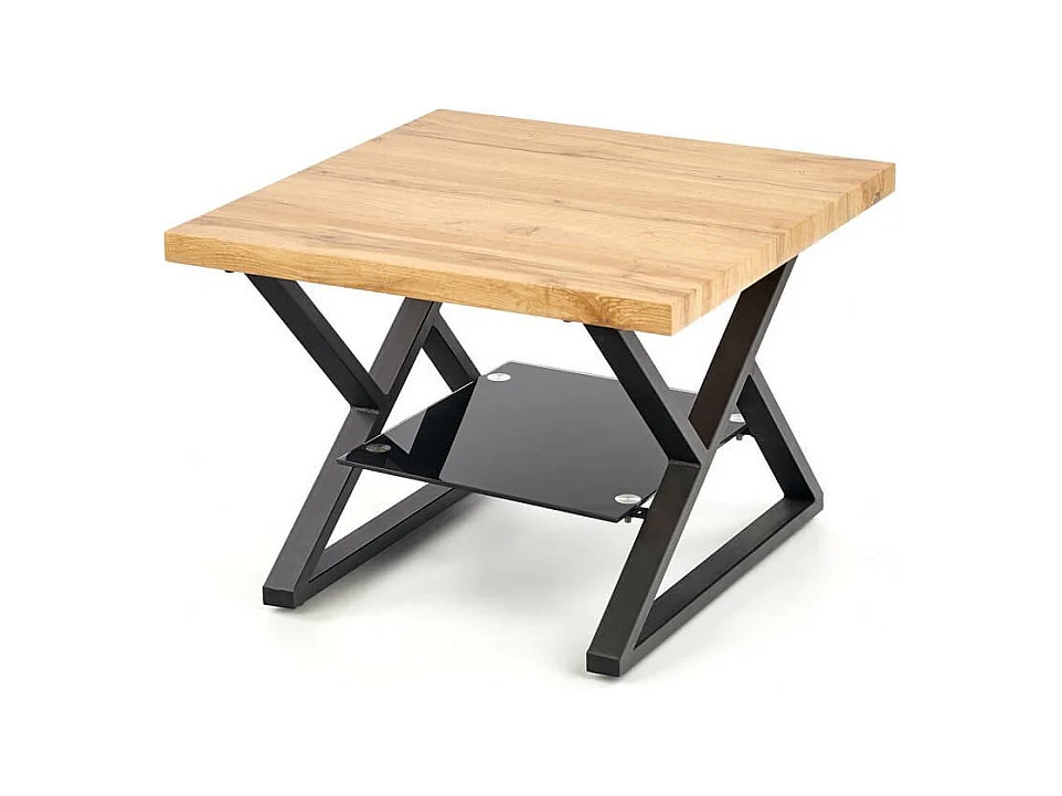 Table basse carrée avec pieds acier noir plateau aspect chêne et étagère en verre Hulla