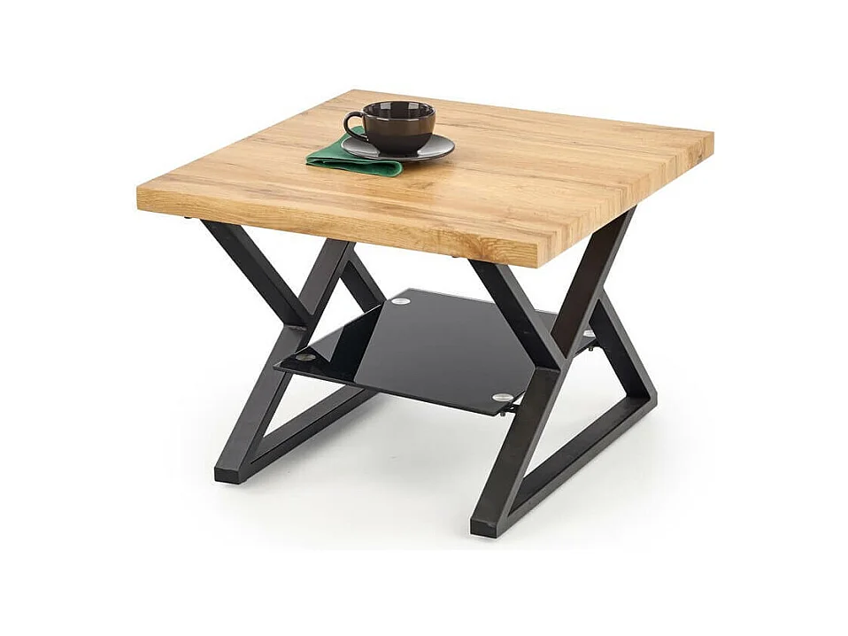 Mesa de centro cuadrada con patas de acero negro, tablero de aspecto roble y estante de cristal Hulla