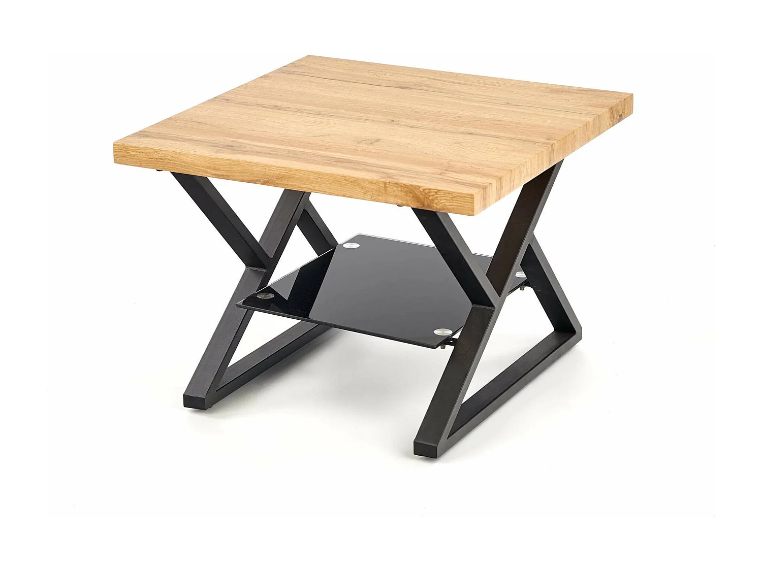 Mesa de centro cuadrada con patas de acero negro, tablero de aspecto roble y estante de cristal Hulla