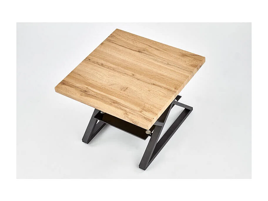 Mesa de centro cuadrada con patas de acero negro, tablero de aspecto roble y estante de cristal Hulla
