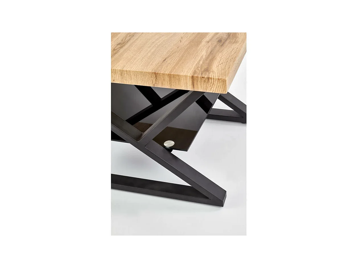 Mesa de centro cuadrada con patas de acero negro, tablero de aspecto roble y estante de cristal Hulla