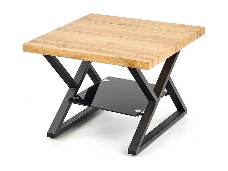 Table basse carrée avec pieds acier noir plateau aspect chêne et étagère en verre Hulla